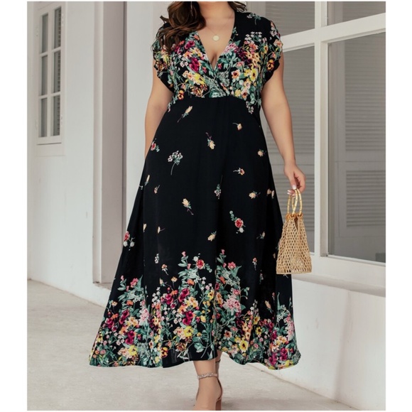 BellanBlue | Dresses | Plus Black Floral Print V Neck Maxi Dress | Poshmark